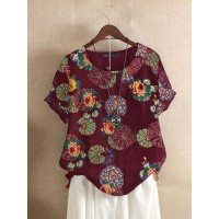 Floral Print O-neck Short Sleeved Summer T-shirts For Women