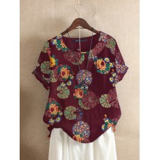 Floral Print O-neck Short Sleeved Summer T-shirts For Women