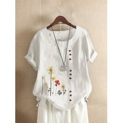 Flower Print Buttons Short Sleeve O-neck Casual T-shirts For Women