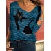 Women Cartoon Cat Striped V-Neck Casual Long Sleeve T-Shirt