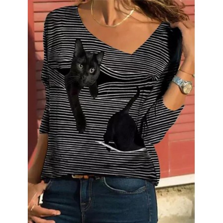 Women Cartoon Cat Striped V-Neck Casual Long Sleeve T-Shirt