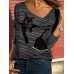 Women Cartoon Cat Striped V-Neck Casual Long Sleeve T-Shirt