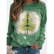 Women Christmas Dragonfly Tree Print Long Sleeve Casual T-Shirt