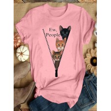 Women Cute Cartoon Cat Letter Print O-Neck Casual Short Sleeve T-Shirts