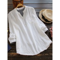 Women Solid Color Long Sleeve Button Pocket V-Neck Cotton Shirts