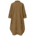 Women Corduroy Solid Moslem Style Collared Raglan Button Front High Low Dress