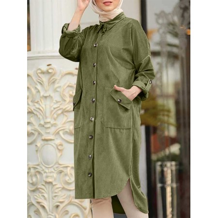 Women Corduroy Solid Moslem Style Collared Raglan Button Front High Low Dress