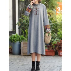 Women Embroidered Patchwork Frog Button Long Sleeve Retro Midi Dresses