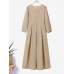 Women Long Sleeve Shirt Pockets Solid Ankle Length Midi Dresses