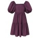 Women Puff Sleeve Square Collar Pure Color Knee Length Dress with Back Zipper