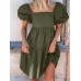 Women Puff Sleeve Square Collar Pure Color Knee Length Dress with Back Zipper