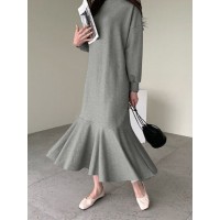 Women Solid Color Sweatshirt Dress Ruffle Puff Sleeve Calf Length O-Neck Midi Dresses