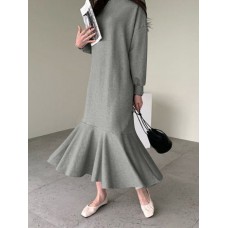 Women Solid Color Sweatshirt Dress Ruffle Puff Sleeve Calf Length O-Neck Midi Dresses