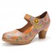 Retro Leather Embossed Floral Hook Loop Ankle Strap Chunky Heel Pumps