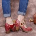 Retro Leather Embossed Floral Hook Loop Ankle Strap Chunky Heel Pumps