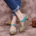 Retro Leather Embossed Floral Hook Loop Ankle Strap Chunky Heel Pumps