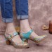 Retro Leather Embossed Floral Hook Loop Ankle Strap Chunky Heel Pumps