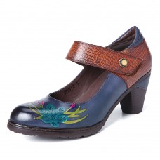 Retro Painting Style Flower Decorated Delicate Buckle Genuine Leather Pumps