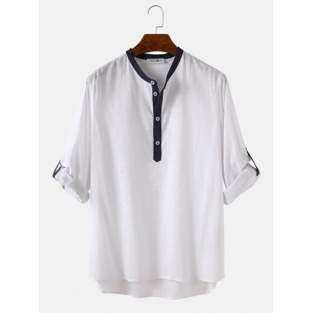 Mens 100% Cotton Stand Collar Three Quarter Sleeve Casual Henley Shirts