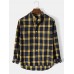 Mens Plaid Stand Collar High Low Cotton Long Sleeve Henley Shirts